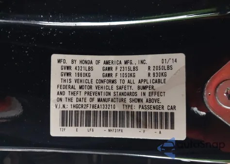 2014 Honda Accord Ex from USA, damaged, VIN 1HGCR2F78EA133210